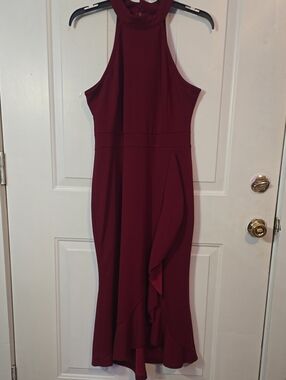 Strapless Halter Burgundy Midi Dress with Ruffle Detail